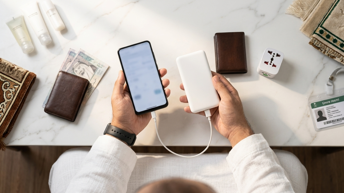 Umre yolculuğu için telefon, powerbank ve priz çevirici hazırlığı.